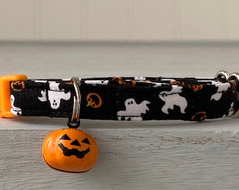 Pumpkin Ghost Cat Collar, Halloween Cat Collar Breakaway Collar with bell, Pumpkin Custom Made Cat Collar