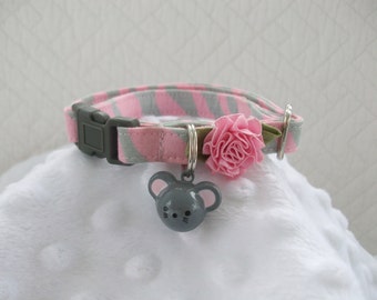 Cat Collar  Pink & Grey Zebra with mouse bell Breakaway Collar Custom Made