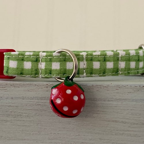 Cat Collar Green Gingham Cat Collar With Strawberry Bell Dog Etsy