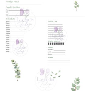 May include: A daily planner page featuring the text DAILY PLANNER, Date, Today's Focus, Top 3 Priorities, Schedule from 6 AM to 9 PM, To-Do List, Water Intake, Meals, and Notes. The layout is decorated with watercolour illustrations of purple tulips.