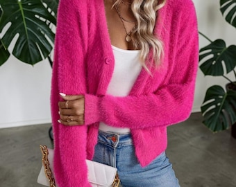 Fuzzy Hot Pink Cardigan Women’s Soft Knit Sweater Cozy Button Up Long Sleeve Fall Winter Outfit