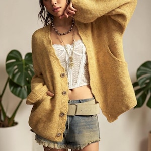 Cozy Oversized Mustard Knit Cardigan Women’s Button Up Sweater Fall Layering Chunky Knit Cardigan with Pockets