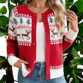 Red Christmas Reindeer Cardigan Sweater Women Holiday Knit Button Up Winter Fair Isle Pullover Top