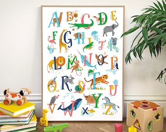 Animal Alphabet Print A-Z Baby Nursery Art A3 A2 A1 Size Illustration