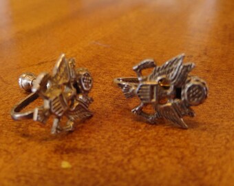 STERLING Military Eagle Army Air Force E Pluribus Unum Earrings Screwback Vintage Retro