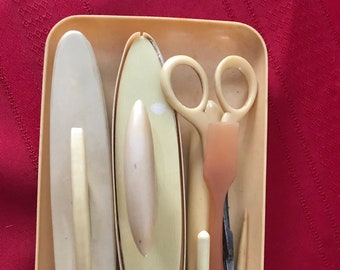 Vintage Vanity Manicure Set "French Ivory" Buffers Scissors cuticle tool cleaners tray dresser box