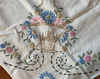 Vintage flower basket embroidery small tablecloth beautiful work on linen