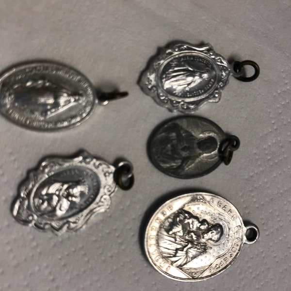 Vintage Lot 5 Catholic Medals  CHARMS Silvertone
