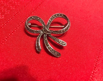 Vintage Sterling Marcasite Bow Brooch marked