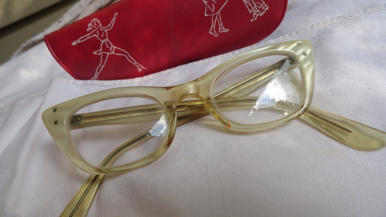 Vintage CAT'S EYE Glasses White Mother of Pearl Girl's with Original Case image 1
