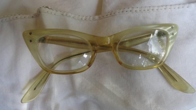 Vintage CAT'S EYE Glasses White Mother of Pearl Girl's with Original Case image 3