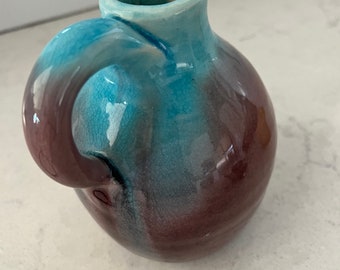 Vintage Pisgah pottery turquoise and aubergine glaze jug