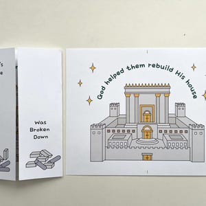 Può includere: Illustrazione per bambini raffigurante una casa e la scritta «Dio li ha aiutati a ricostruire la sua casa». L'immagine mostra un edificio con una porta e un tetto dorati, circondato da un muro grigio. È presente anche il testo «La casa di Dio è stata distrutta».