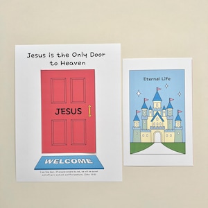 May include: Two religious art prints. One shows a red door with the word "JESUS" and the text "Jesus is the Only Door to Heaven." The other depicts a blue castle with the words "Eternal Life."