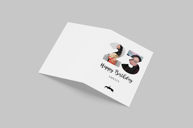 K&ouml;nnte beinhalten: Eine wei&szlig;e, gefaltete Gru&szlig;karte mit der gro&szlig;en Zahl 23, die mit zwei Portr&auml;tfotos gef&uuml;llt ist. Unter der Zahl steht der Text Happy Birthday, der Name AMELIA und eine kleine schwarze Silhouette einer Geburtstagstorte mit Kerzen.
