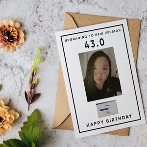 May include: A rectangular birthday greeting card featuring the text UPGRADING TO NEW VERSION 43.0 at the top and HAPPY BIRTHDAY at the bottom. The card includes a central photograph of a person and a small graphic of a computer loading bar.