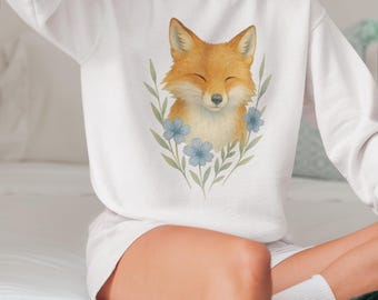 Fox Sweatshirt with Flowers, Animal Crewneck Pullover, Cottagecore Clothing