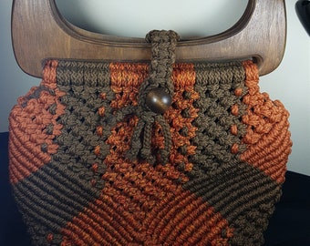 Vintage Orange and Brown Macrame Hand Bag Purse with Wood Handle Lined Inside Hand Made Original 1970's