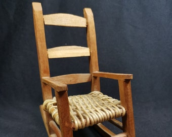 Vintage Miniature Doll Rocking Chair Carved Wood Hand Made Wooden Carving Cane Bottom Wicker Furniture