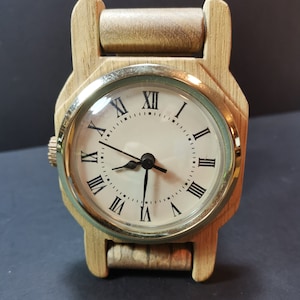 Hand Carved Wooden Wristwatch Desk Clock with Adjustable Strap