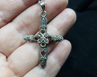 925 Stunning Garnet Marcasite Vintage Sterling Silver Cross Pendant ...