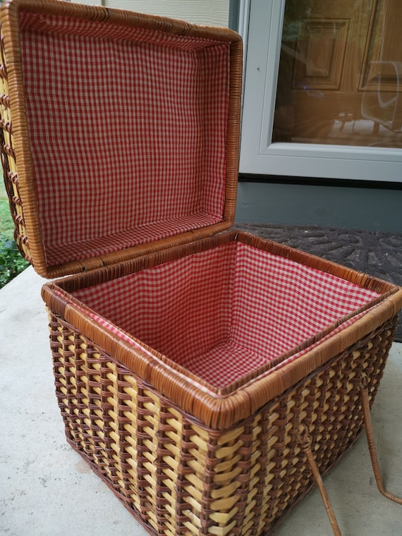 Vintage Wicker Picnic Basket Box Lined with Red and W… Gem