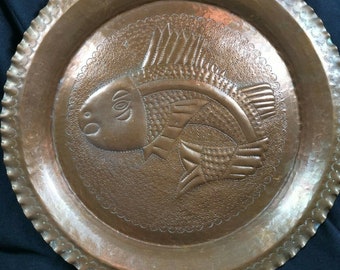 Antique Hand Hammered Copper Metal Fish Platter Plate Serving Tray Wall Hanging Hand Made Original Late 1800's Early 1900's