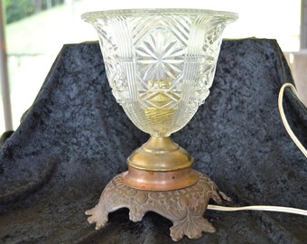 Antique Cast Iron Table or Desk Lamp with Clear Pressed Glass Shade 1920's - 1930's Art Deco Retro