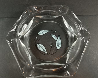 Vintage Clear Glass Ashtray with Blue Leaves Large Table Top Hexagon Shaped Mid Century Modernist