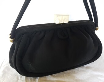 Vintage Black Grosgrain Satin and Lucite Purse Bag 1940's Original