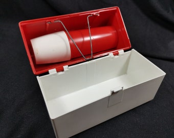 Vintage Miniature Lunch Box Lunchbox with Thermos for Dolls Toy Red and White Plastic 1960's - 1970's Original Toys