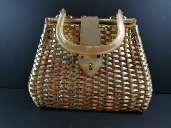 Vintage Wicker and Lucite Hand Bag Purse Gold Met… - image 1