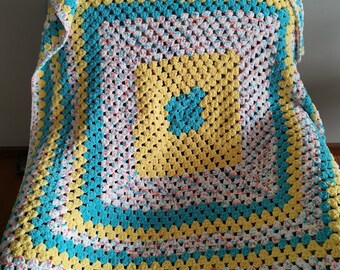 Hand Made Crochet Baby or Lap Blanket Yellow Teal Multicolored Handmade Original