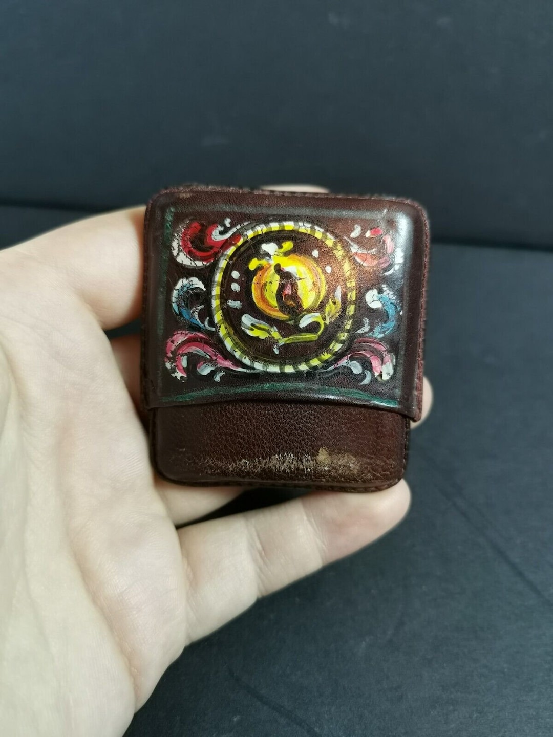 Vintage Ronson Pocket Lighter Brown Leather Silver Chrome
