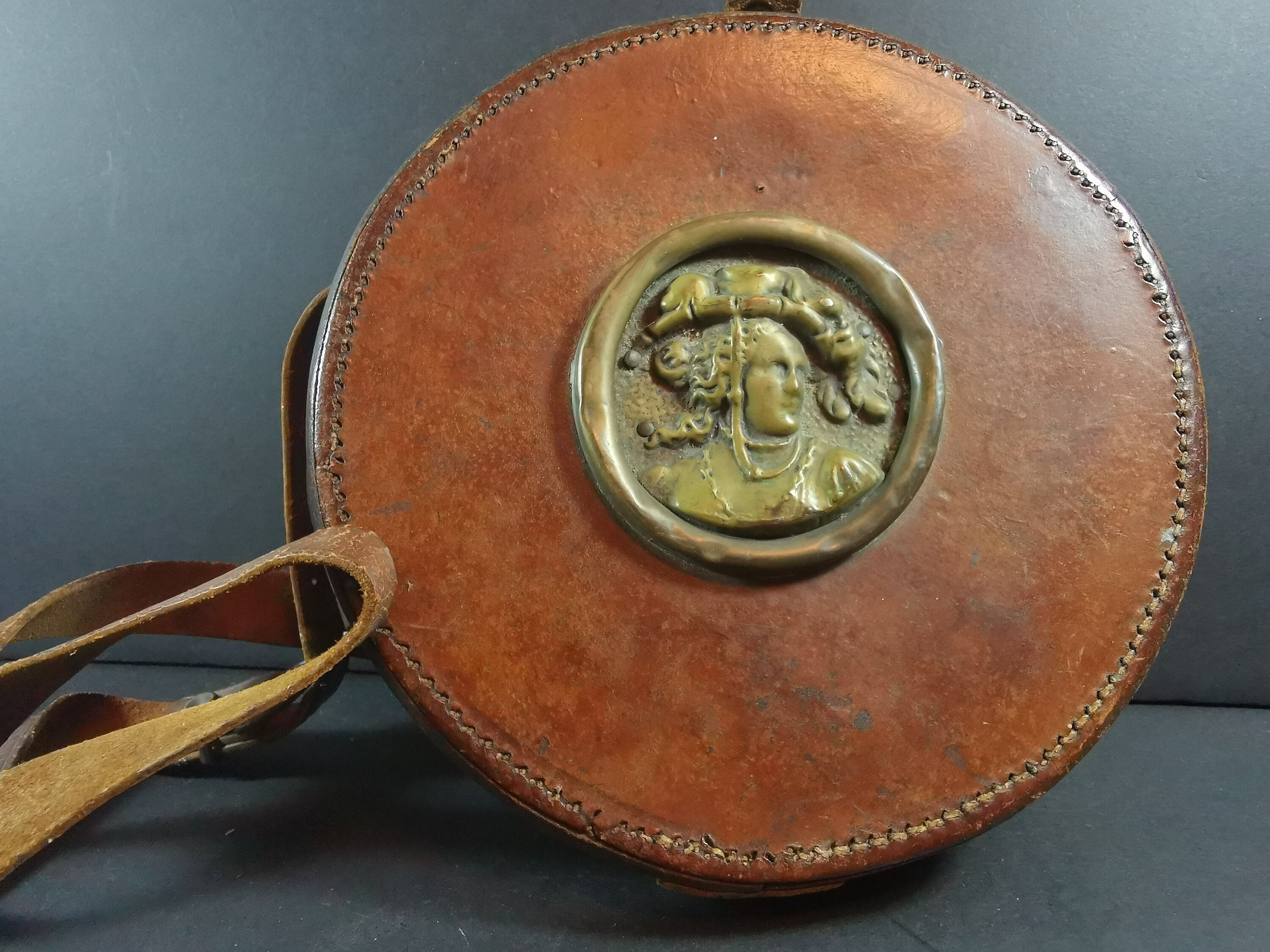 Antique Round Leather Shoulder Bag: Victorian Brass Lady Relief 