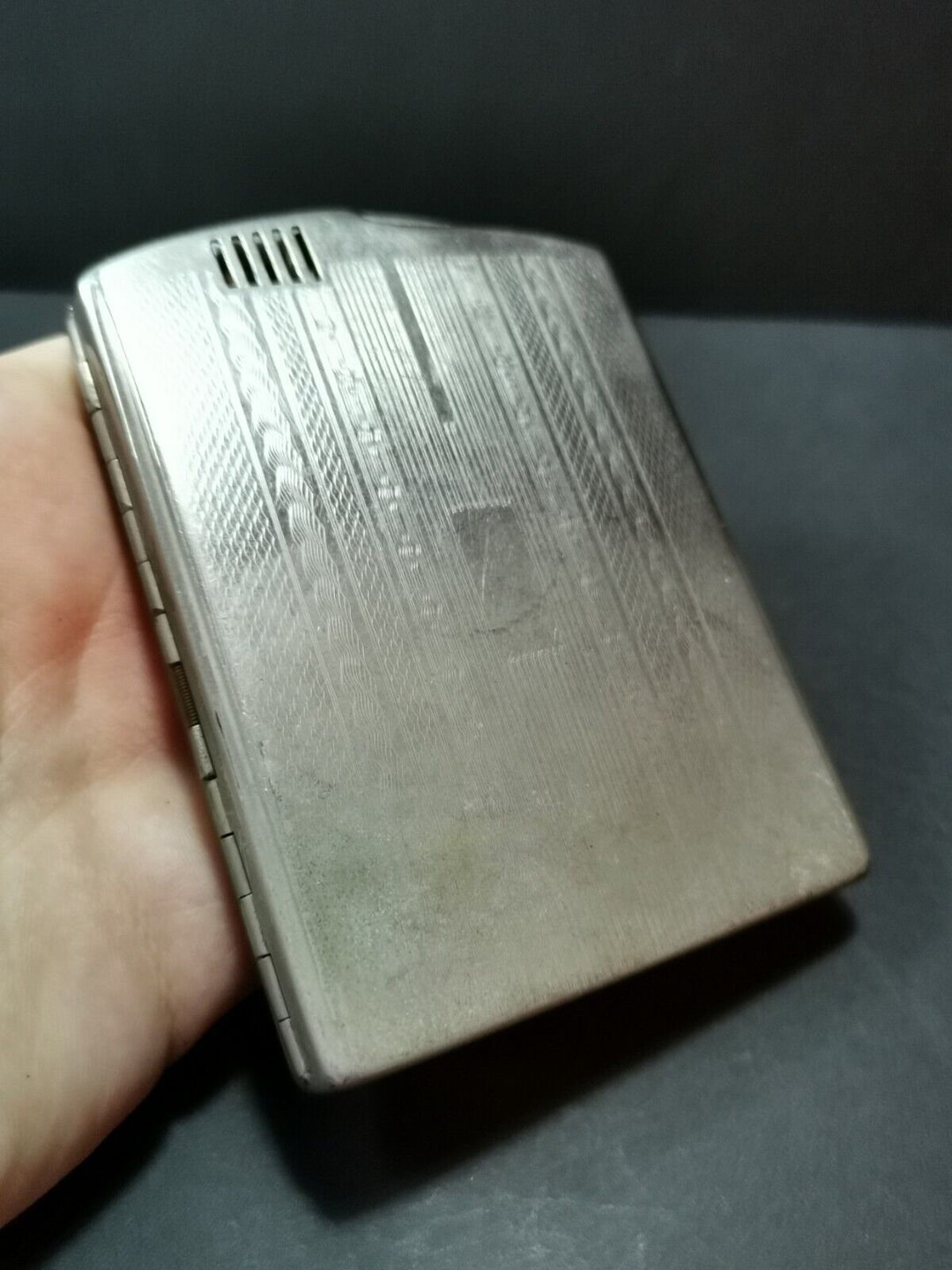 Vintage Cigarette Lighter Built Into Cigarette Case Art Deco Silver Chrome  Metal 1920's Refillable