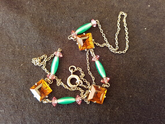 Vintage Art Deco Necklace Amber Green and Pink Gl… - image 2