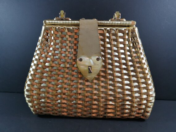 Vintage Wicker and Lucite Hand Bag Purse Gold Met… - image 2