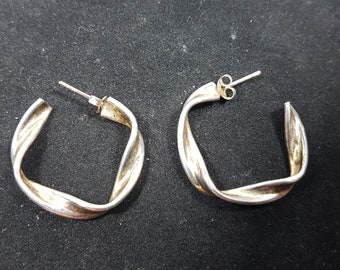 Vintage Sterling Silver Twisted Hoop Earrings 1 Inch in Diameter