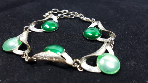 Vintage Silver Metal and Green Enamel Bracelet La… - image 5