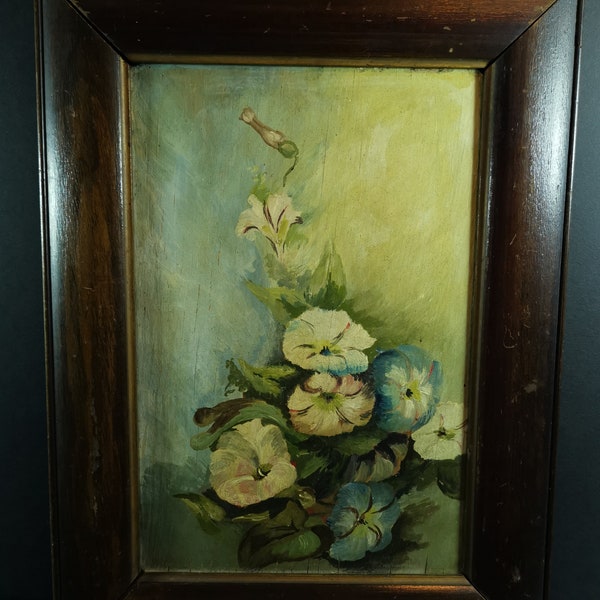 Antique Morning Glory Flowers Oil Painting Art on Board in Original Wood Frame Early 1900's Framed