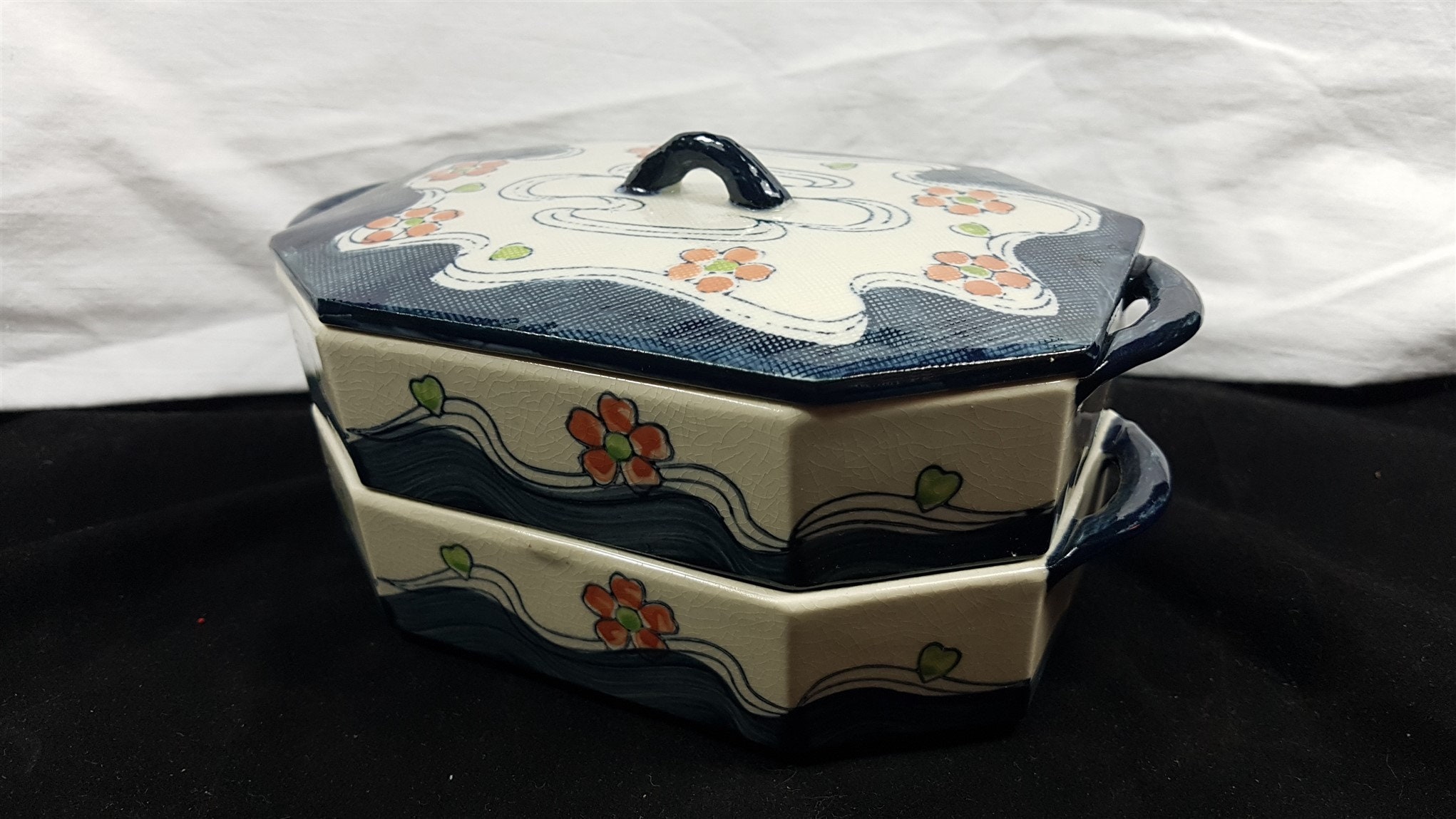 Antique Spritzdekor Ceramic Covered Lunch Box