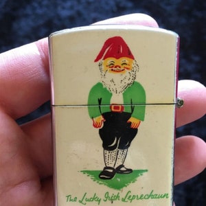 Vintage Irish Leprechaun Gnome Pocket Cigarette Lighter Muckish Mountain Ireland Souvenir Mid Century