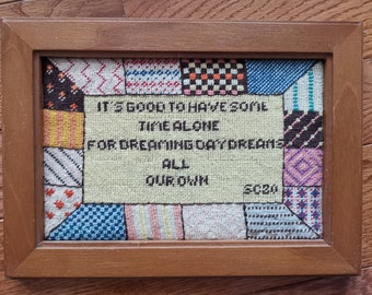 Vintage Needlepoint "Daydreaming" Art - Signed Handmade Patchwork Quilt in Wood Frame