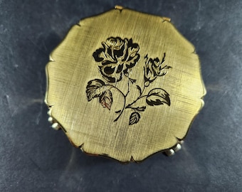 Vintage Stratton Jewelry Box Gold Metal with Roses in Original Box 1950's - 1960's Mid Century Original Lined with Red Velvet