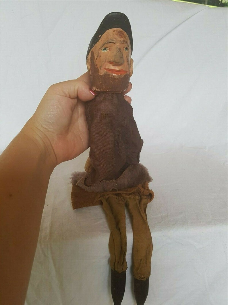 Antique Hand Puppet Marionette Doll Carving Carved Wood and Cloth Wooden from Punch and Judy Puppet Show Hand Made Original Man Boy