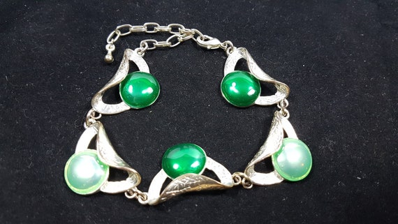 Vintage Silver Metal and Green Enamel Bracelet La… - image 1