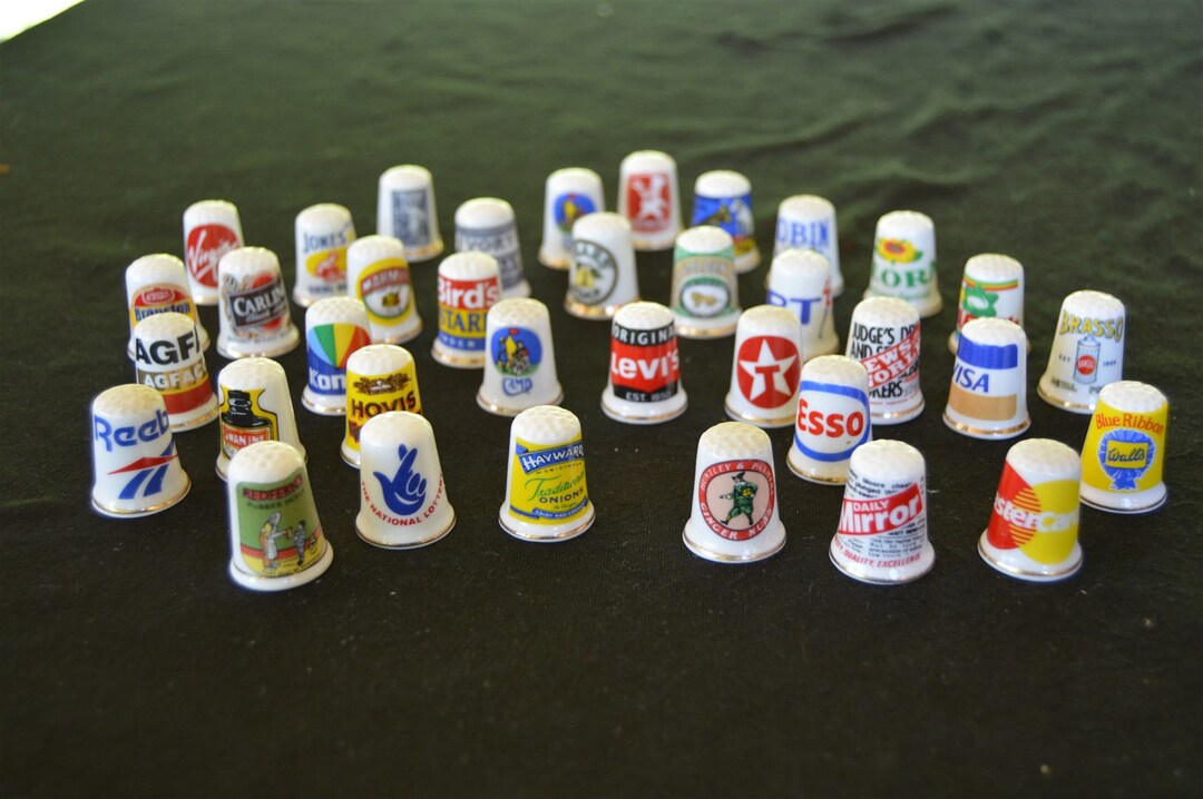Vintage British Advertising Thimbles Set of 35 the Thimble Guild Collection Ceramic Porcelain