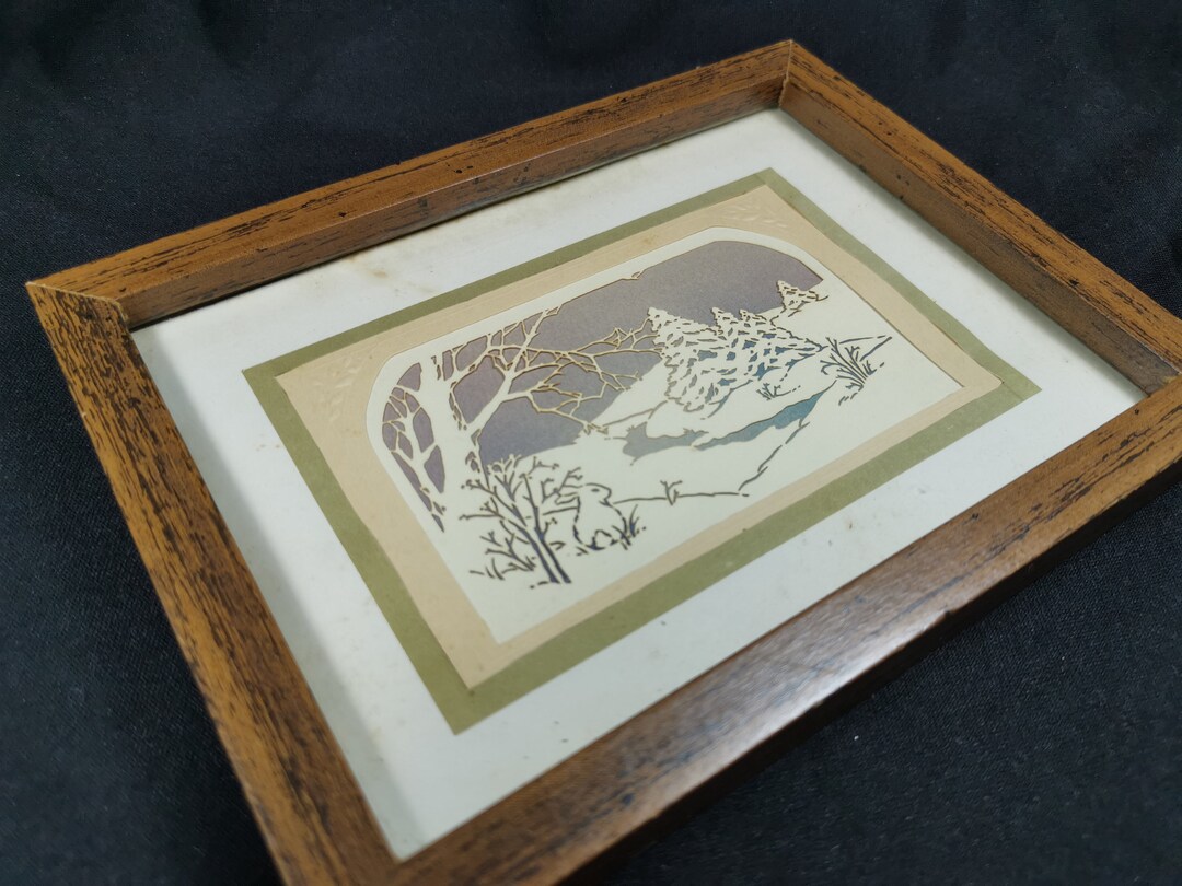 Vintage Papercut Original Art Bunny Rabbit Landscape Scene