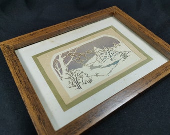 Vintage Papercut Original Art Bunny Rabbit Landscape Scene in Frame Framed Mixed Media Paper Cut Winter Scenery Woodland